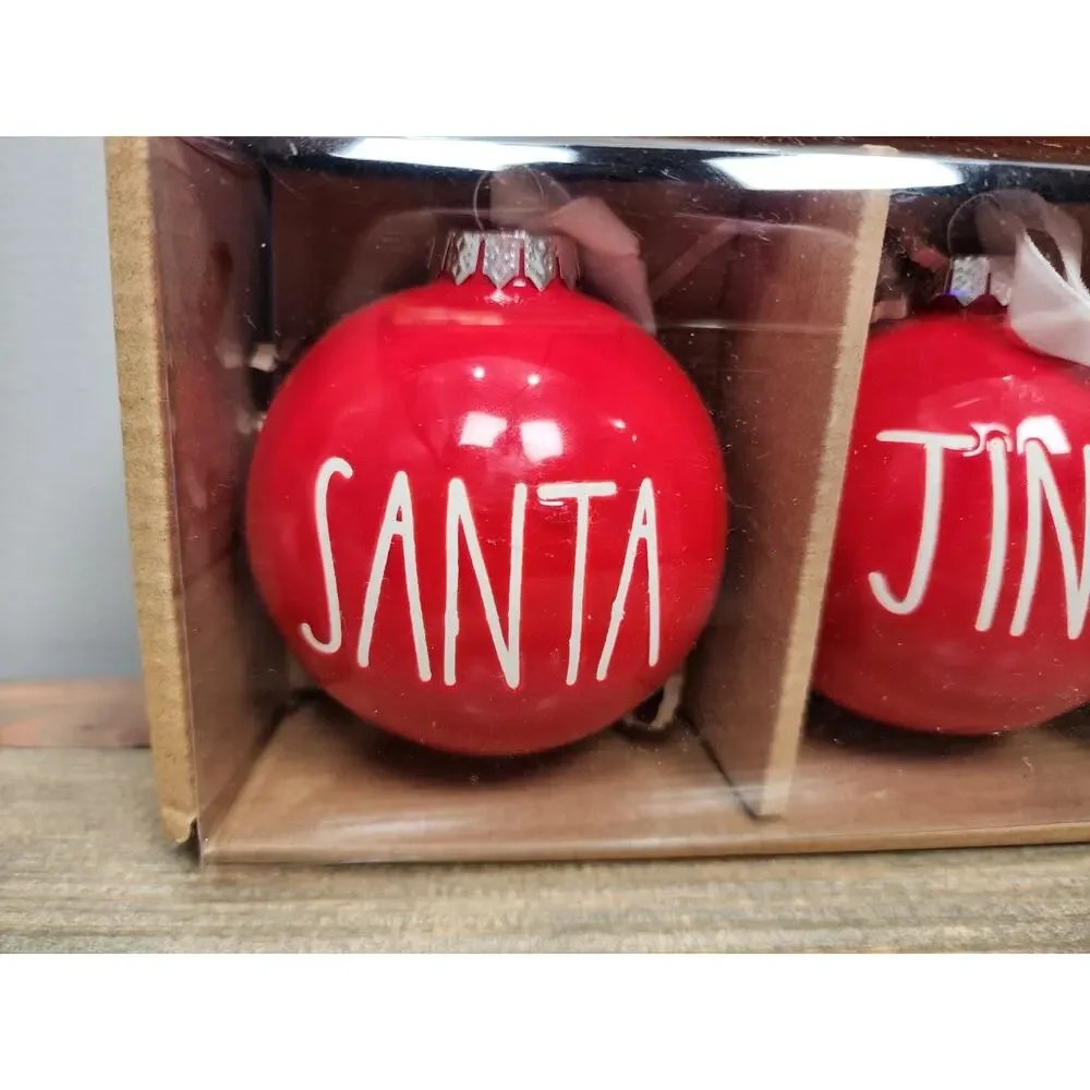 RAE DUNN~RED ORNAMENTS 3 PIECE SET~(JINGLE-SANTA-WISH)